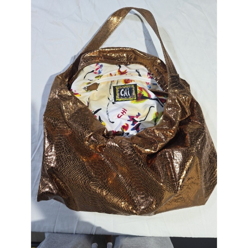 Chi Carlos Falchi Metallic Bronze Snakeskin Embossed Hobo Shoulder Bag